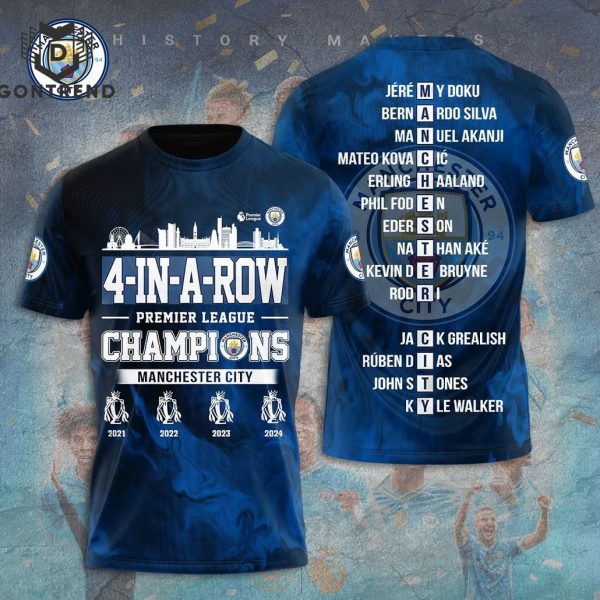 4 In A Row Premier League Champions Manchester City Design 3D T-Shirt