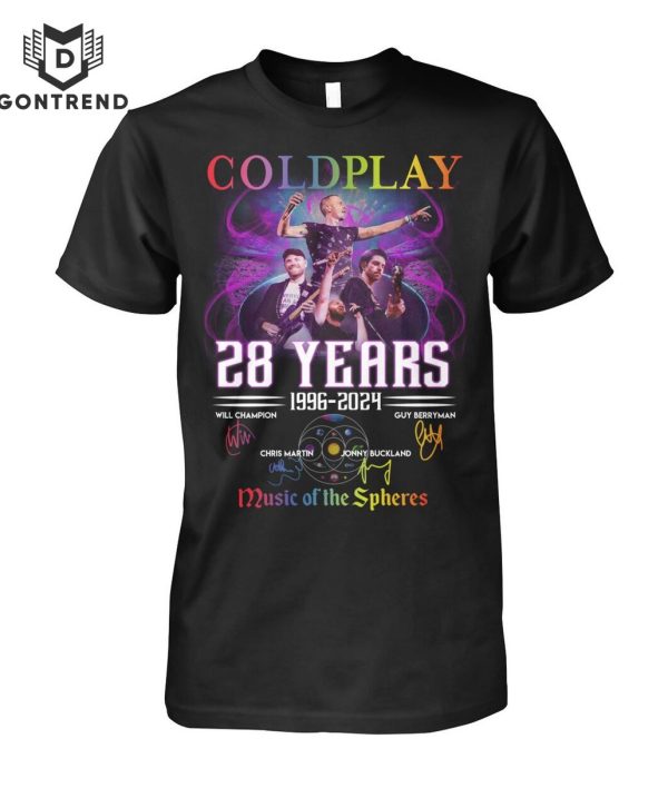 Coldplay 28 Years 1996-2024 Signature Music Of The Spheres Unisex T-Shirt