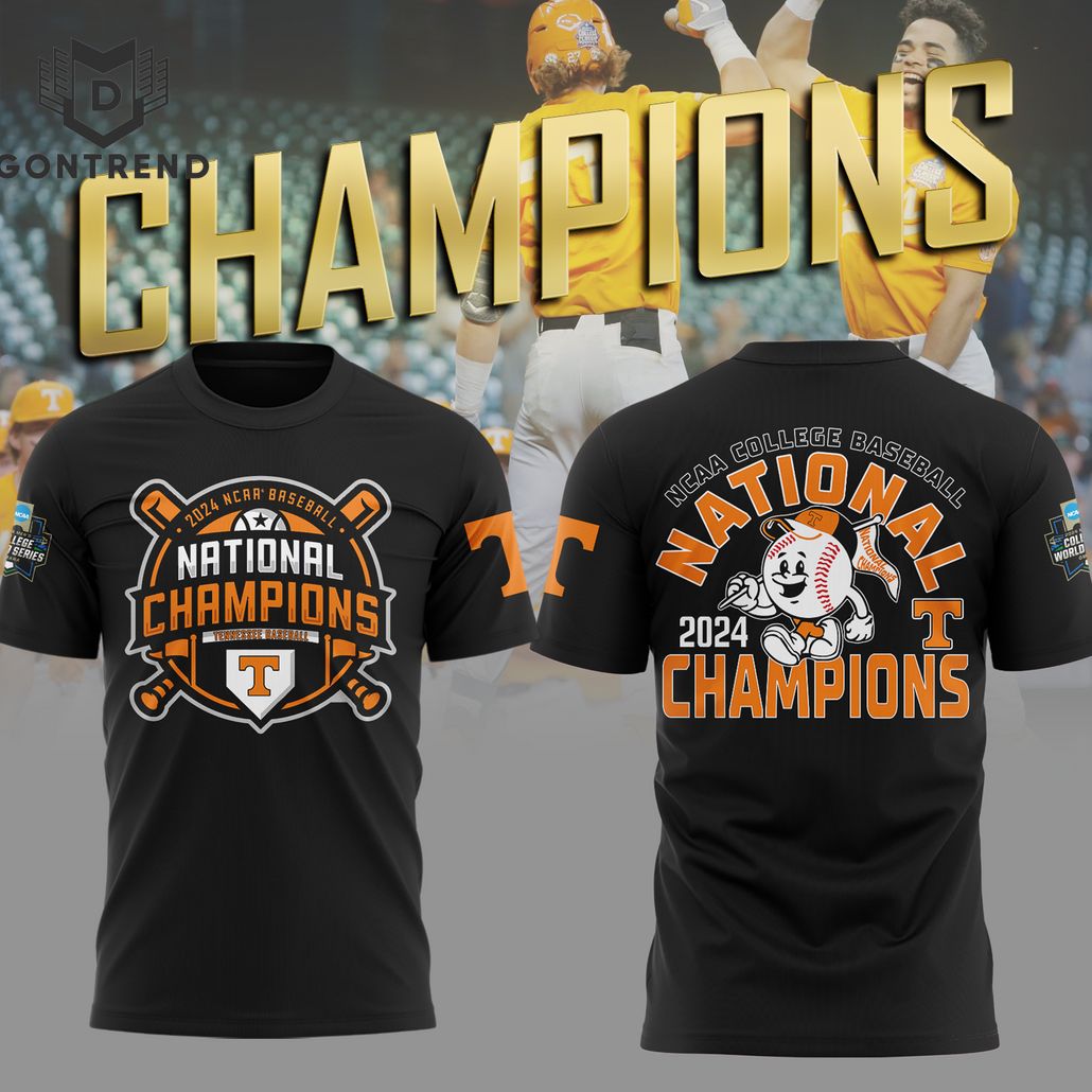 NCAA College Baseball National 2024 Champions Tennessee Volunteers 3D T-Shirt - Black NCAA College Baseball National 2024 Champions Tennessee Volunteers 3D T-Shirt - Black