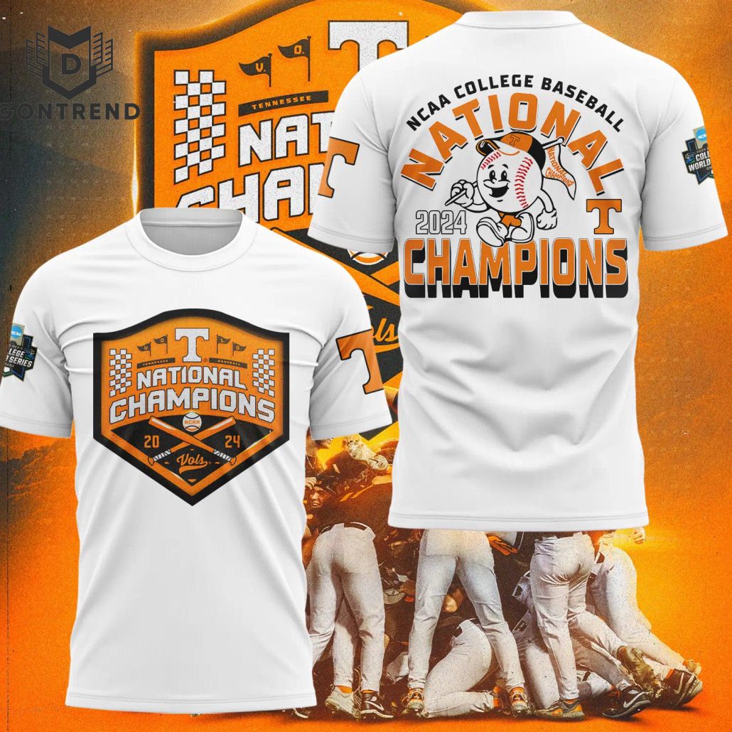 NCAA College Baseball National 2024 Champions Tennessee Volunteers 3D T-Shirt - White NCAA College Baseball National 2024 Champions Tennessee Volunteers 3D T-Shirt - White
