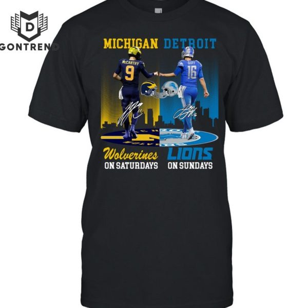 Michigan Wolverines On Saturedays – Detroit Pistons On Sundays Signature Unisex T-Shirt