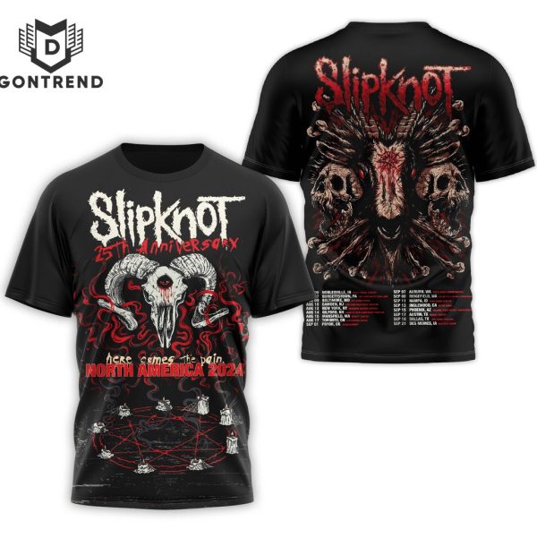 Slipknot 25th Anniversary Here Comes The Pain North America 2024 Design 3D T-Shirt