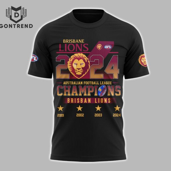 Brisbane Lions Australian Football League Champions 2024 3D T-Shirt – Black