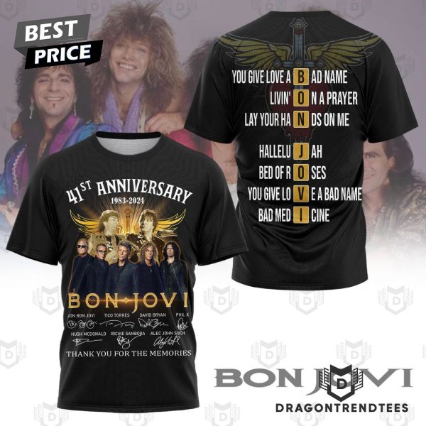 41st Anniversary 1983-2024 Bon Jovi Signature Thank You For The Memories 3D T-Shirt