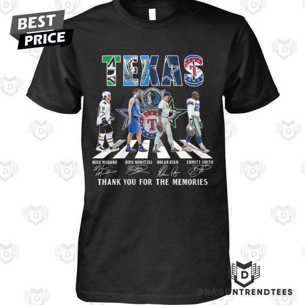 Dallas Stars Mike Modano x Dallas Mavericks Dirk Nowitzki x Texas Rangers Nolan Ryan x Dallas Cowboys Emmitt Smith Signature Unisex T-Shirt