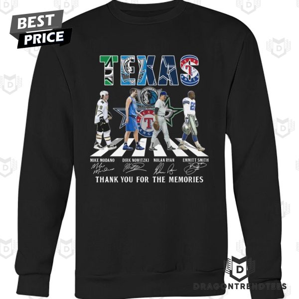 Dallas Stars Mike Modano x Dallas Mavericks Dirk Nowitzki x Texas Rangers Nolan Ryan x Dallas Cowboys Emmitt Smith Signature Unisex T-Shirt