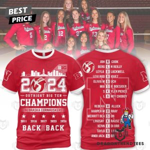 Nebraska Cornhuskers 2024 Outright Big Ten Champions Back 2 Back 3D T-Shirt