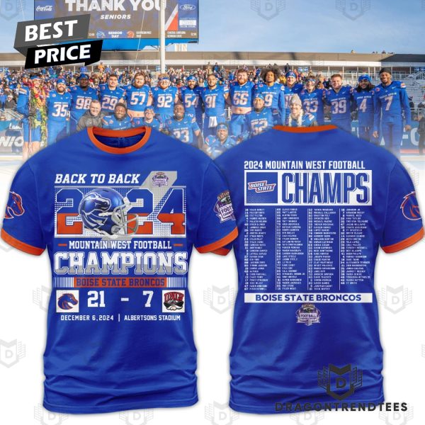 Back To Back Boise State Broncos 2024 Mountain West Football Champions 3D T-Shirt