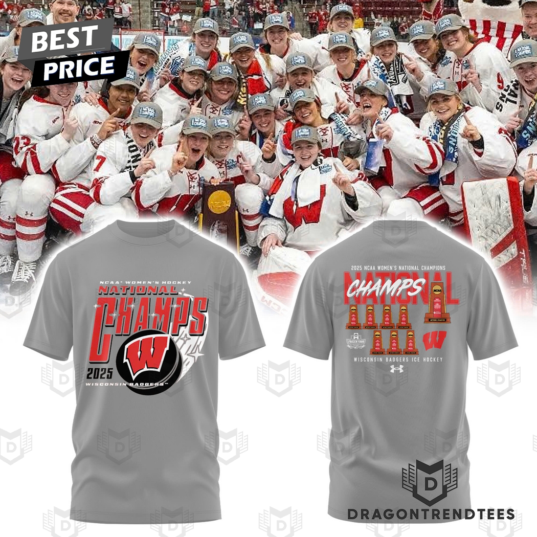 Wisconsin Badgers 2025 Womens Hockey Tournament Champions 3D T-Shirt - Grey Wisconsin Badgers 2025 Womens Hockey Tournament Champions 3D T-Shirt - Grey