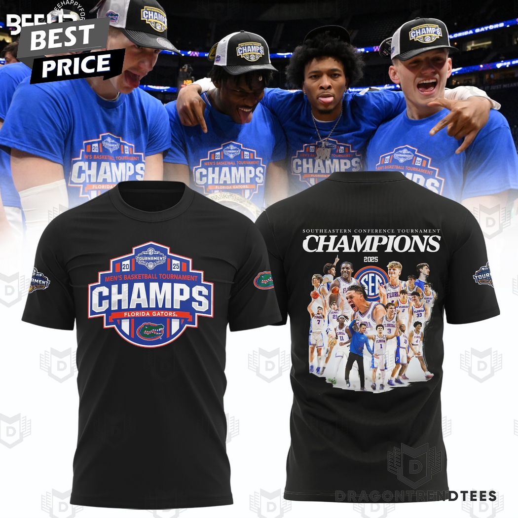 Florida Gators 2025 SEC Mens Basketball Conference Tournament Champions 3D T-Shirt - Black Florida Gators 2025 SEC Mens Basketball Conference Tournament Champions 3D T-Shirt - Black