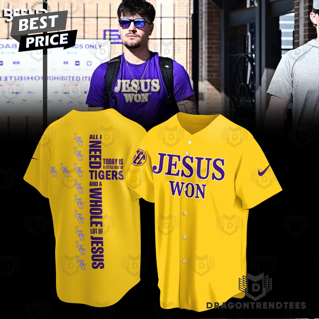 LSU Tigers Jesus Won Baseball Jersey - Gold LSU Tigers Jesus Won Baseball Jersey - Gold