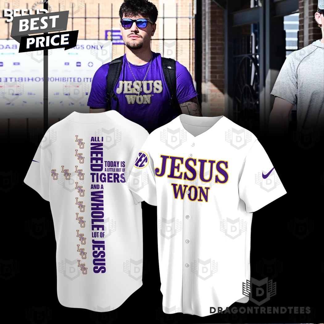 LSU Tigers Jesus Won Baseball Jersey - White LSU Tigers Jesus Won Baseball Jersey - White