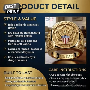 Personalized America 250th Anniversary 1776-2026 Patriotic US Eagle Gold Commemorative Signet Ring