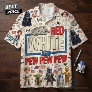 Red White and Pew Pew Pew Funny Patriotic 4th of July Sci-Fi Characters Hawaiian Shirt