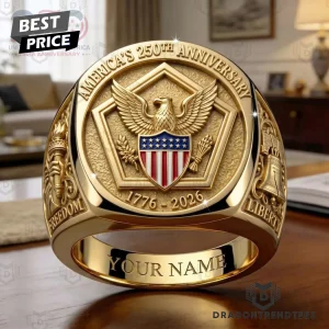 Personalized America 250th Anniversary 1776-2026 Patriotic US Eagle Gold Commemorative Signet Ring
