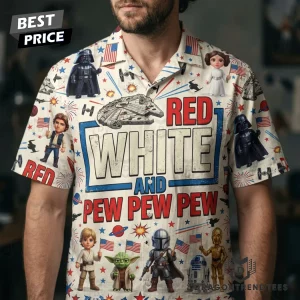 Red White and Pew Pew Pew Funny Patriotic 4th of July Sci-Fi Characters Hawaiian Shirt
