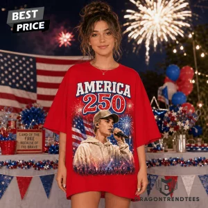 Justin Bieber I Love America And 250 Years Of Freedom Patriotic Red Graphic T-Shirt