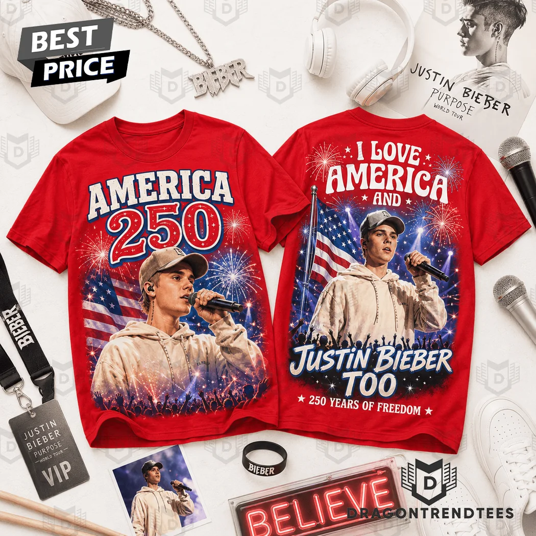Justin Bieber I Love America And 250 Years Of Freedom Patriotic Red Graphic T-Shirt Justin Bieber I Love America And 250 Years Of Freedom Patriotic Red Graphic T-Shirt