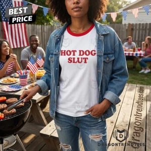 Americana Hot Dog Slut Funny 4th of July Patriotic BBQ Retro Ringer T-Shirt