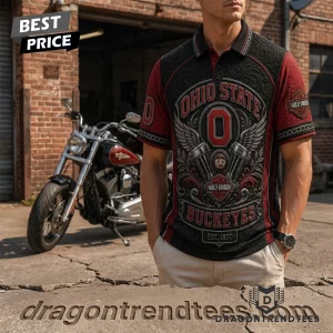 Ohio State Buckeyes Harley Davidson 3D Embossed Vintage Biker Premium Polo Shirt