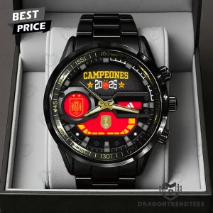 Spain National Football Team Campeones 2026 World Cup Champions Commemorative Black Stainless Steel Watch