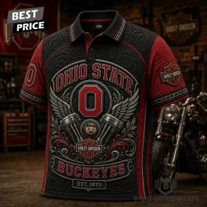 Ohio State Buckeyes Harley Davidson 3D Embossed Vintage Biker Premium Polo Shirt