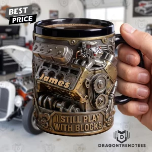 Personalized V8 Engine I Still Play With Blocks Custom Name Hot Rod Car Guy Mechanic Gift Coffee Mug