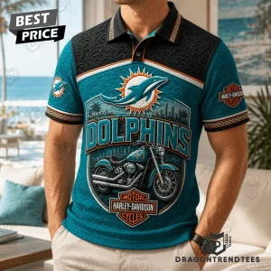 Miami Dolphins Harley Davidson Motorcycle Premium 3D Embossed Polo Shirt