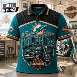Miami Dolphins Harley Davidson Motorcycle Premium 3D Embossed Polo Shirt