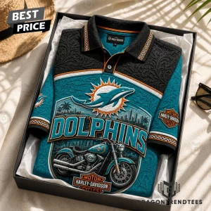 Miami Dolphins Harley Davidson Motorcycle Premium 3D Embossed Polo Shirt