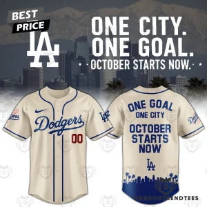 Los Angeles Dodgers One City One Goal October Starts Now Cream Skyline Graphic Baseball Jersey
