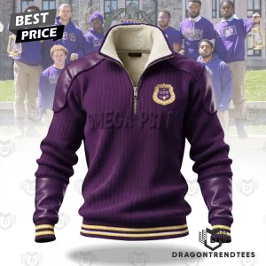 Omega Psi Phi Fraternity Purple Gold Premium Sherpa Lined Ribbed Knit Quarter Zip Pullover Sweater