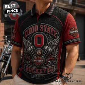 Ohio State Buckeyes Harley Davidson 3D Embossed Vintage Biker Premium Polo Shirt