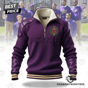 Omega Psi Phi Fraternity Purple Gold Premium Sherpa Lined Ribbed Knit Quarter Zip Pullover Sweater