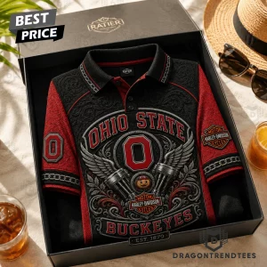 Ohio State Buckeyes Harley Davidson 3D Embossed Vintage Biker Premium Polo Shirt