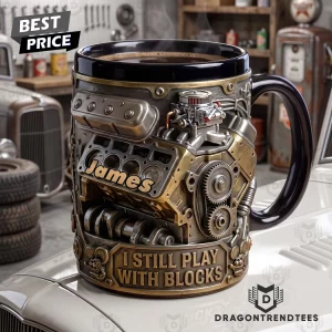 Personalized V8 Engine I Still Play With Blocks Custom Name Hot Rod Car Guy Mechanic Gift Coffee Mug