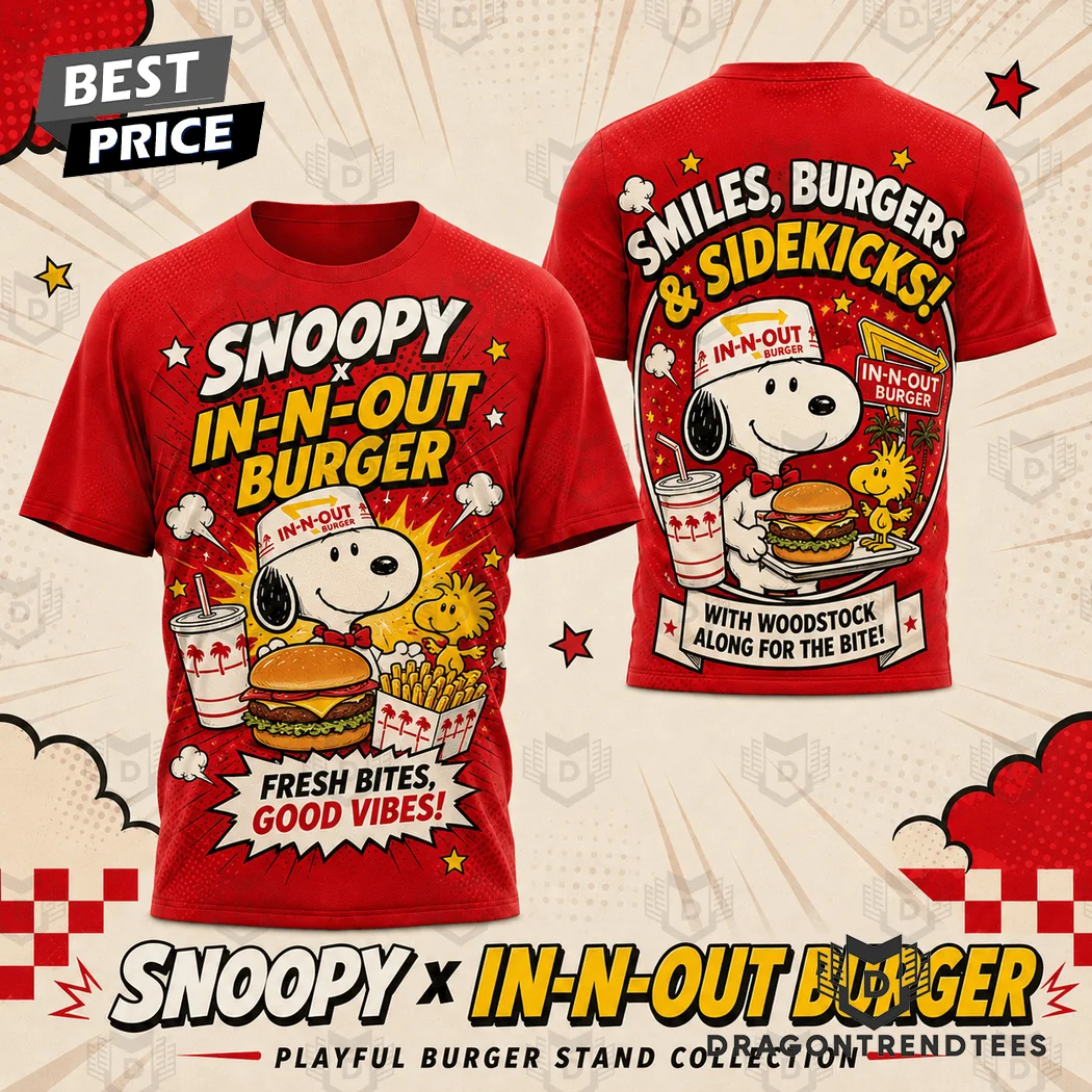 Peanuts Snoopy x In-N-Out Burger Retro Red Cartoon Woodstock 3D All Over Print Graphic T-Shirt Peanuts Snoopy x In-N-Out Burger Retro Red Cartoon Woodstock 3D All Over Print Graphic T-Shirt