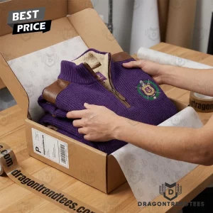 Omega Psi Phi Fraternity Purple Gold Premium Sherpa Lined Ribbed Knit Quarter Zip Pullover Sweater