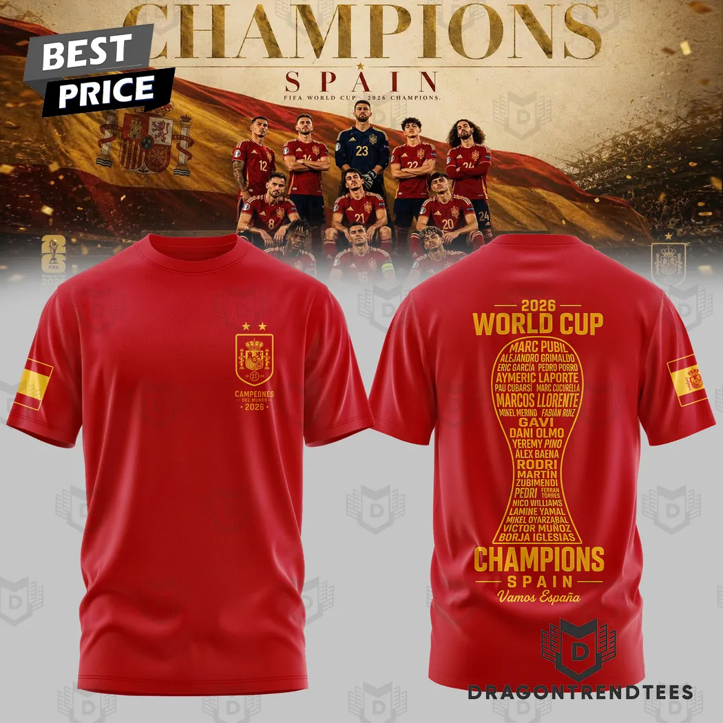 Spain National Football Team 2026 World Cup Champions Commemorative Player Roster 3D T-Shirt Spain National Football Team 2026 World Cup Champions Commemorative Player Roster 3D T-Shirt