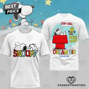 Snoopy Stay Chill Dream Big Cartoon Graphic White 3D T-Shirt