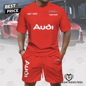 Personalized Audi Sport Red Est 1909 Custom Name Casual Summer 2-Piece T-Shirt and Shorts Set