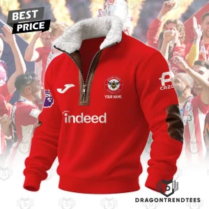 Personalized Brentford FC Red Sherpa Quarter-Zip Pullover with Leather Trim Fleece Collar Sweater