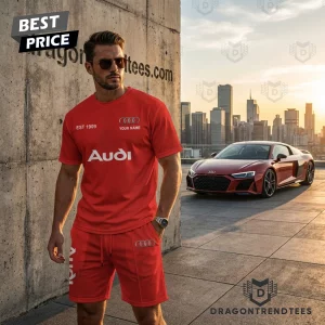 Personalized Audi Sport Red Est 1909 Custom Name Casual Summer 2-Piece T-Shirt and Shorts Set