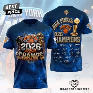 New York Knicks 2026 NBA Finals Champions Commemorative Roster Signatures Graphic 3D T-Shirt