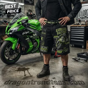 Kawasaki Racing Ninja Spirit Biker Graphic Embroidered Heavy Duty Men’s Casual Shorts