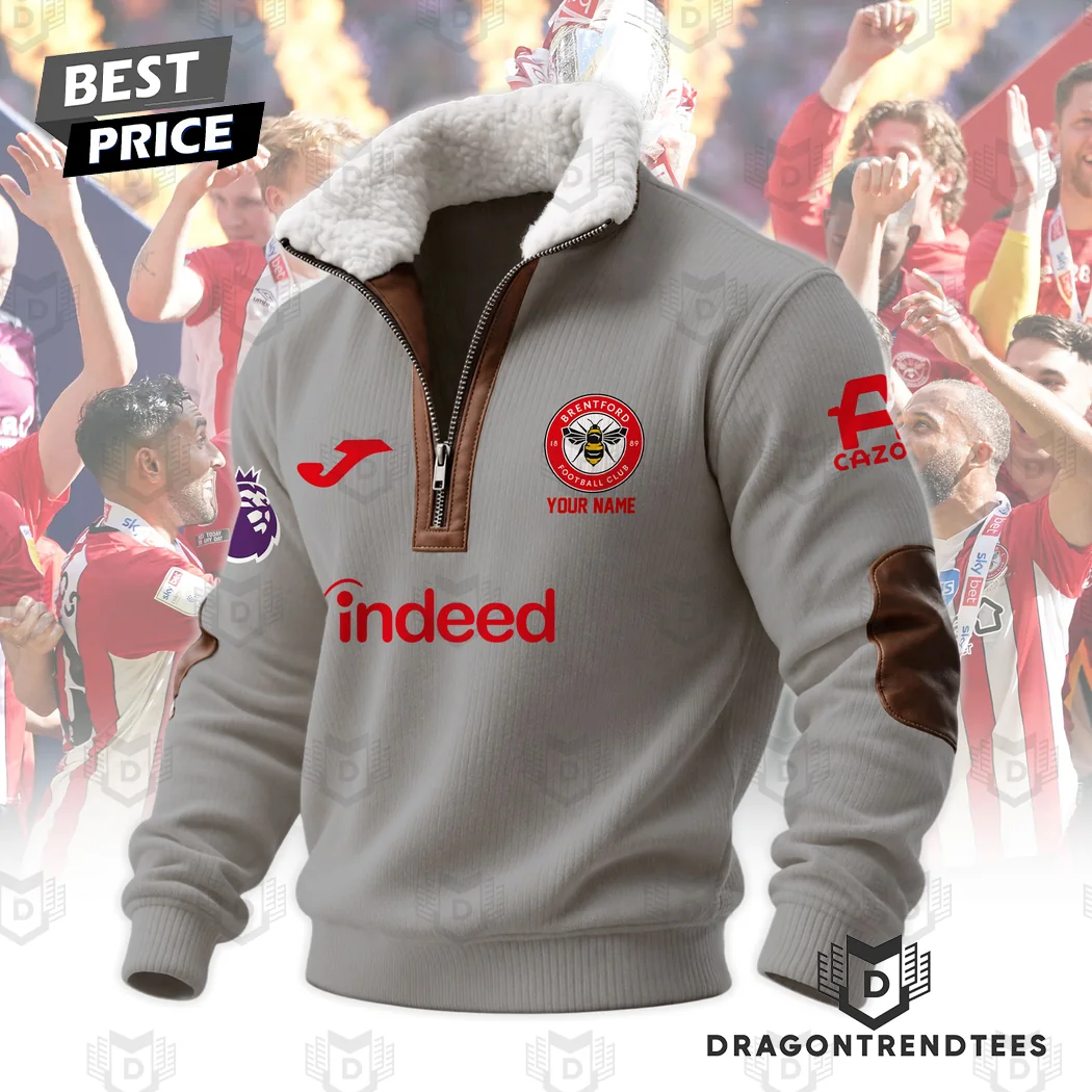 Personalized Brentford FC Red Sherpa Quarter-Zip Pullover with Leather Trim Fleece Collar Sweater Personalized Brentford FC Red Sherpa Quarter-Zip Pullover with Leather Trim Fleece Collar Sweater
