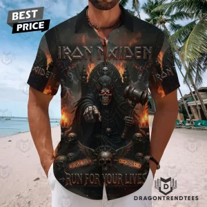 Iron Maiden Run For Your Lives 2026 World Tour Eddie Skull Fire Graphic Short Sleeve Button-Down Hawaiian Shirt