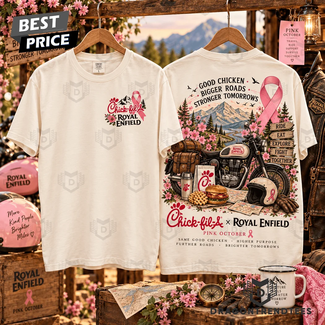 Chick-fil-A x Royal Enfield Pink October Breast Cancer Awareness Mountain Motorcycle Graphic T-Shirt Chick-fil-A x Royal Enfield Pink October Breast Cancer Awareness Mountain Motorcycle Graphic T-Shirt
