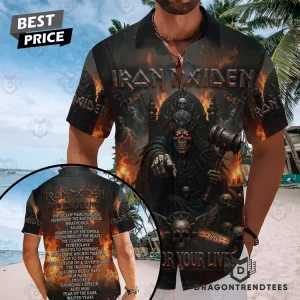 Iron Maiden Run For Your Lives 2026 World Tour Eddie Skull Fire Graphic Short Sleeve Button-Down Hawaiian Shirt
