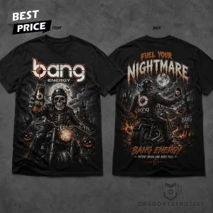Bang Energy Fuel Your Nightmare Skeleton Biker Halloween Double Sided Graphic T-Shirt